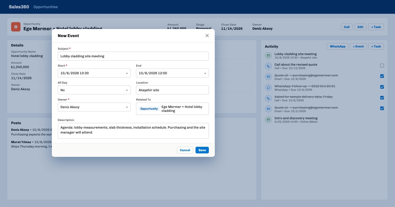 Activity card and open New Event window on an Ohana360 opportunity record: subject, start, end, location, related record and description fields