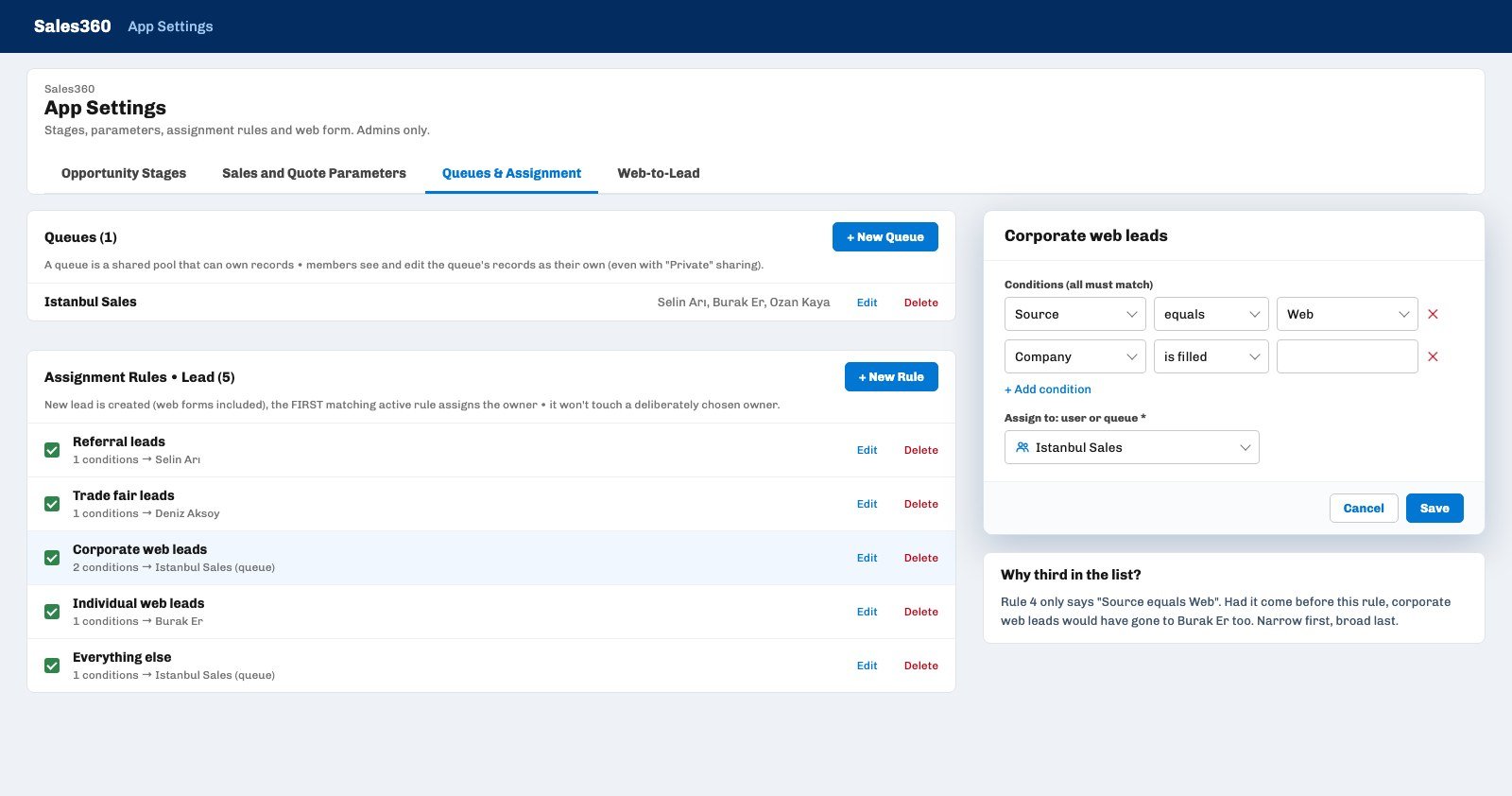 Ohana360 Sales360 App Settings Queues and Assignment tab: Istanbul Sales queue, five ordered lead assignment rules and the open rule conditions