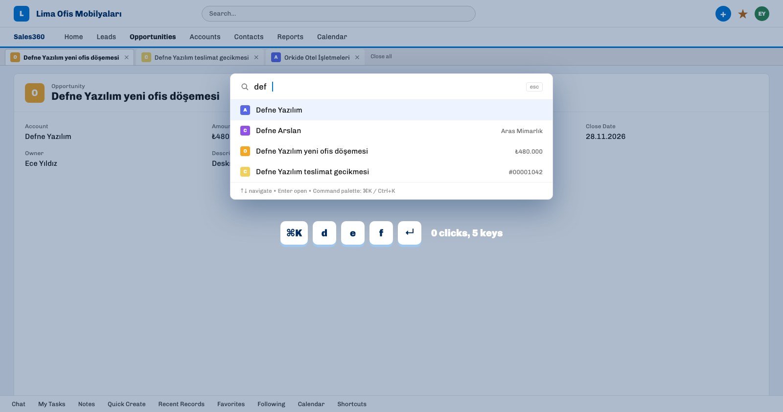 Ohana360 command palette searching def: the Defne Yazılım account preselected in the first row, with contact, opportunity and case results below