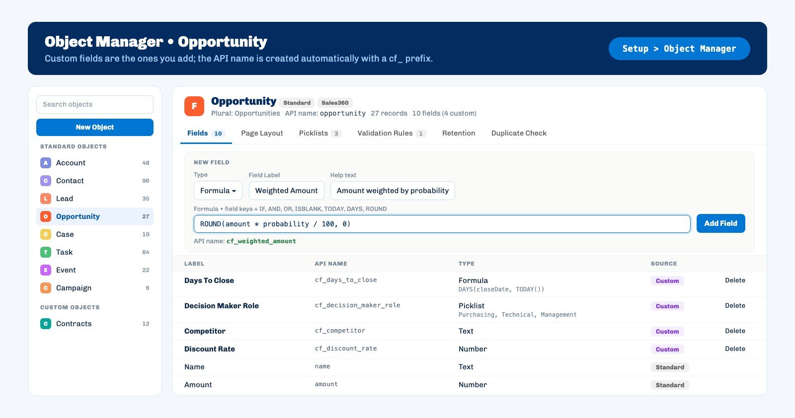 The Fields tab of the Opportunity object in Ohana360 Object Manager with the New Field form open and formula fields added