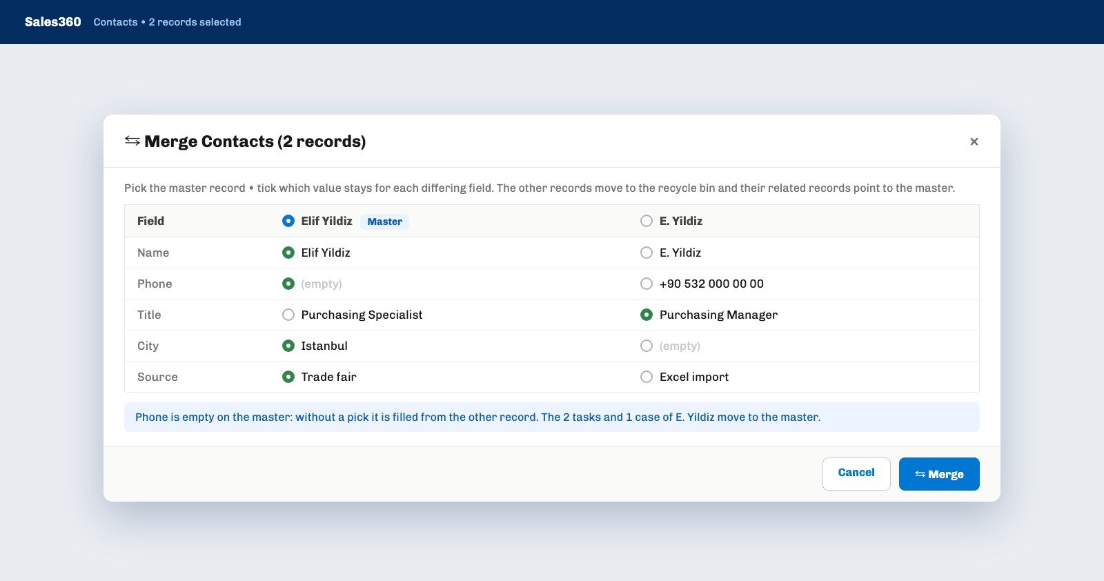 The Ohana360 merge window listing the differing fields of two contact records side by side with the master selected