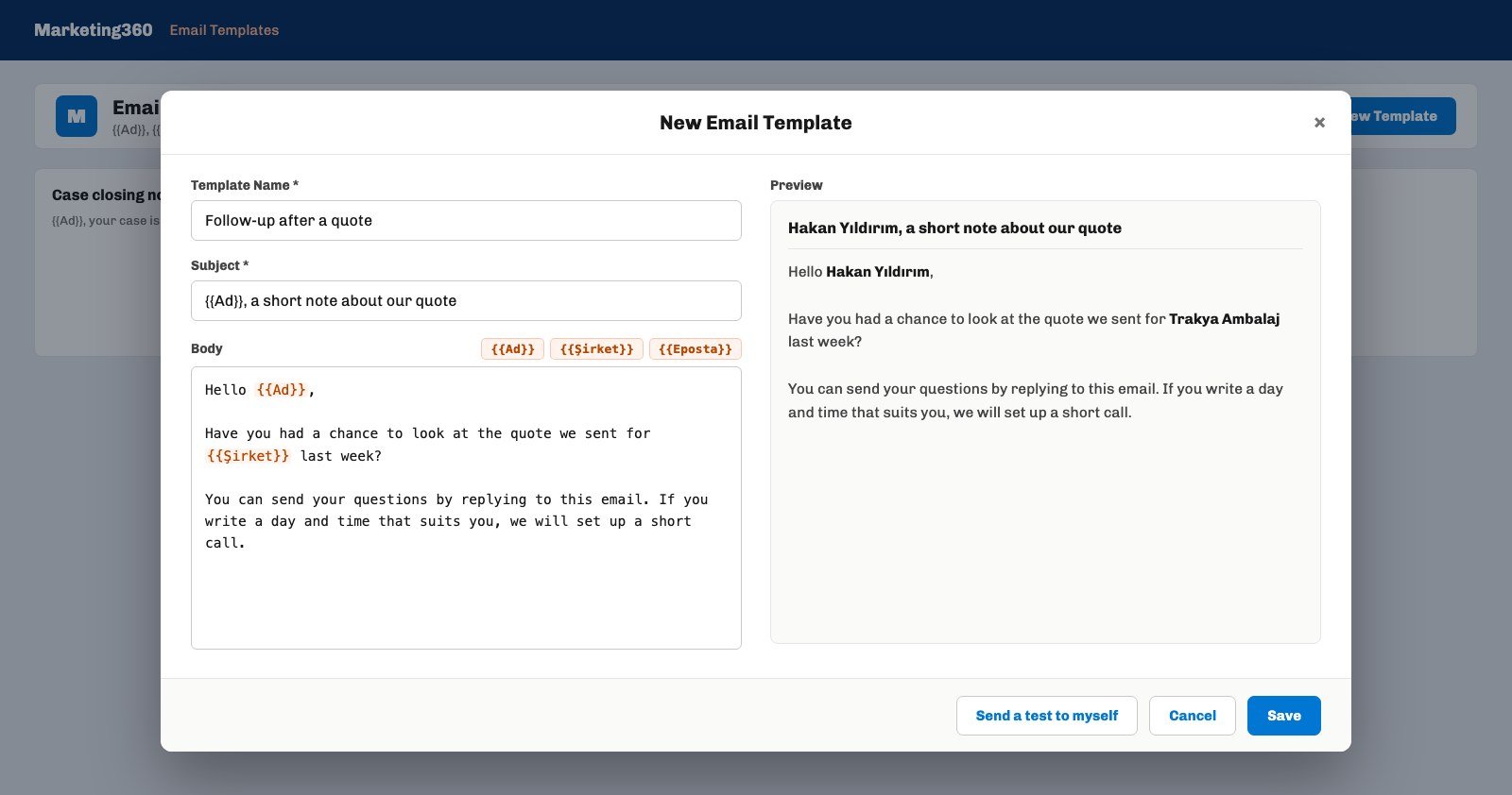 The Ohana360 New Email Template window with template name, subject, merge field buttons and a preview filled with a lead