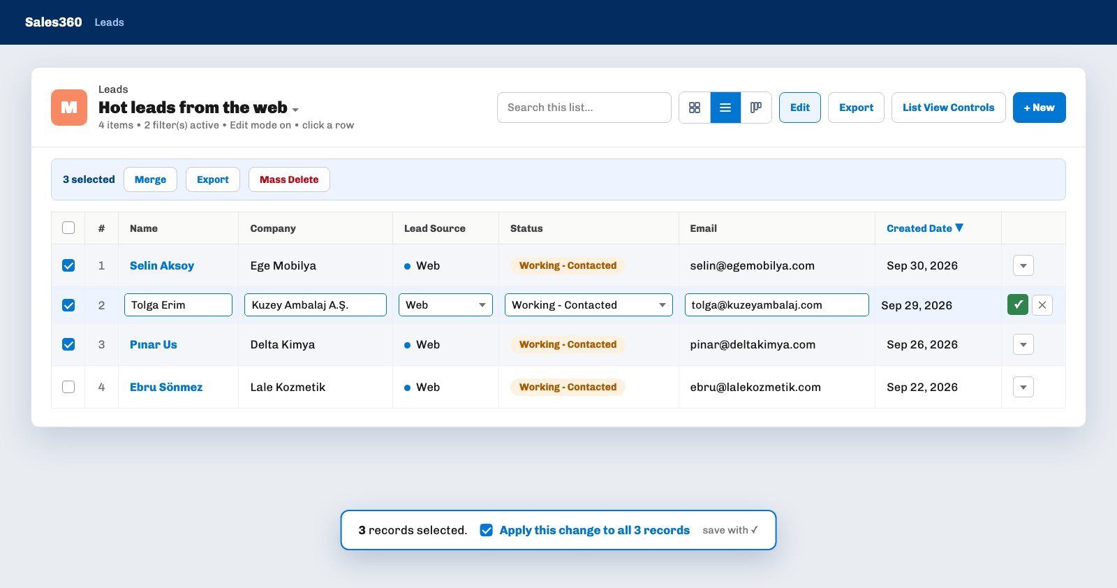 The Ohana360 Leads tab with a saved list view of two filters and one lead row being edited inline