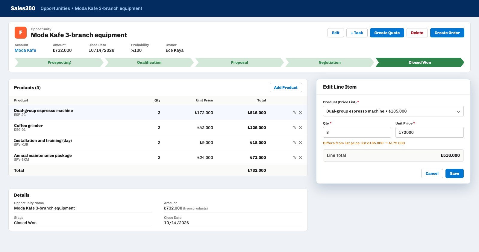 Ohana360 opportunity record page: Products card with four lines, the amount calculated from them and the Edit Line Item window with a list price warning