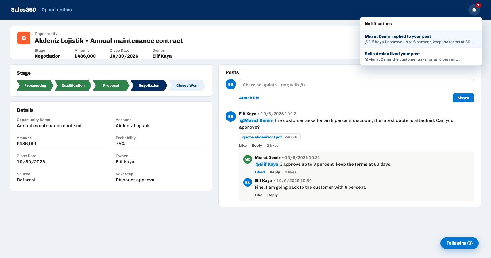 Posts card on an Ohana360 opportunity record: a post with a mention, a file attachment, a reply thread, a like count and the Following button