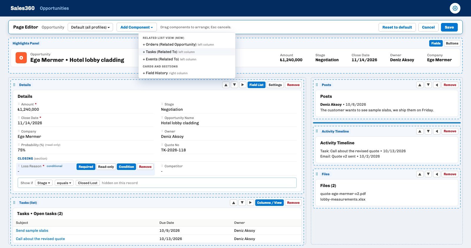 An Ohana360 opportunity record with the Page Editor open: framed cards, profile selector, Add Component button and the condition panel of a Loss Reason field