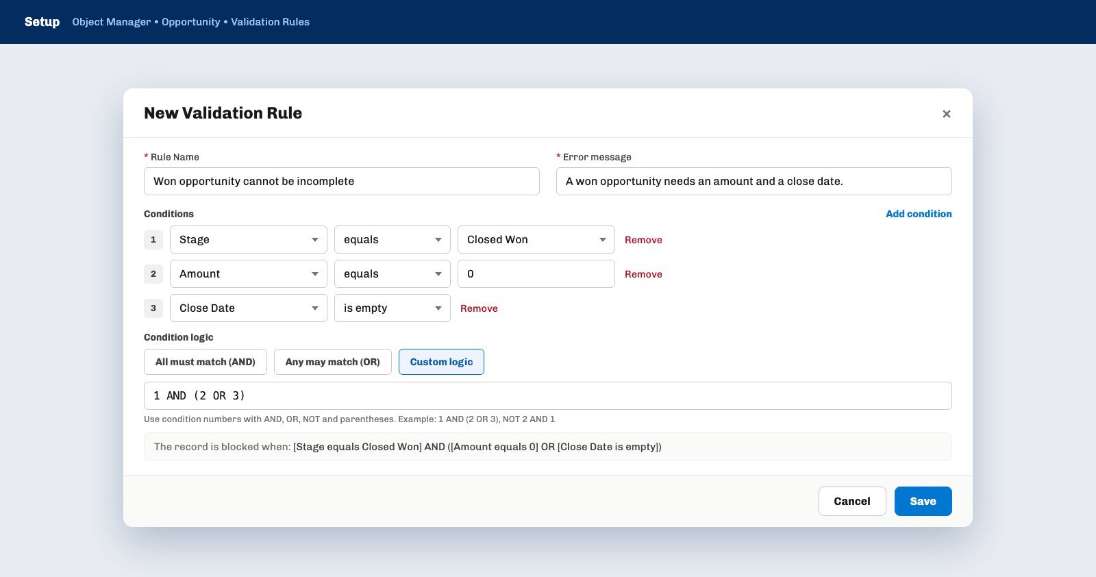 The Ohana360 New Validation Rule window with an opportunity rule that has three conditions and custom logic