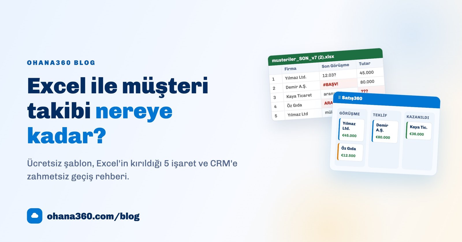 Dağınık bir Excel müşteri tablosundan düzenli bir CRM satış panosuna geçişi gösteren illüstrasyon