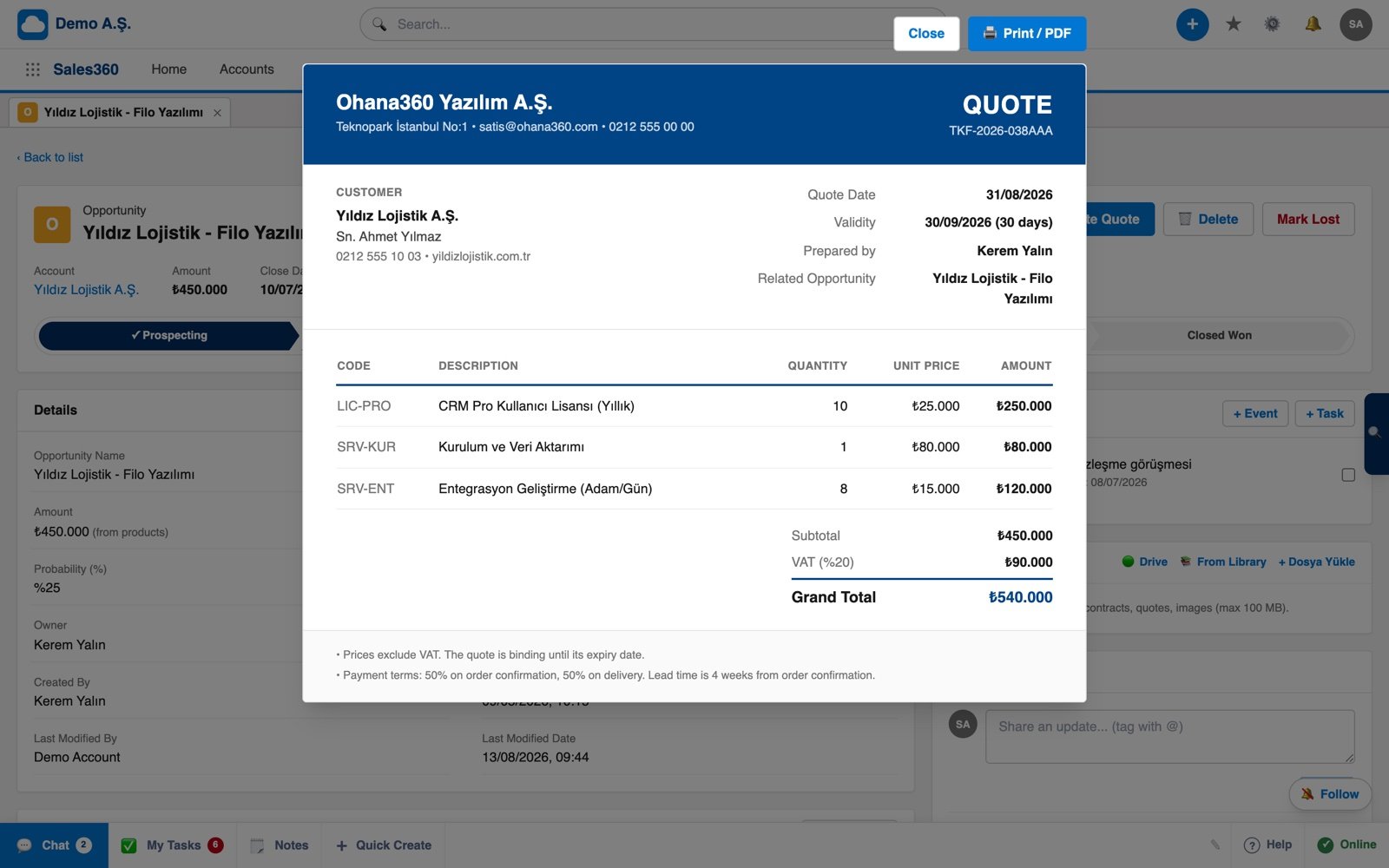 Quote document generated from an opportunity in Ohana360, showing line items, subtotal, VAT and grand total
