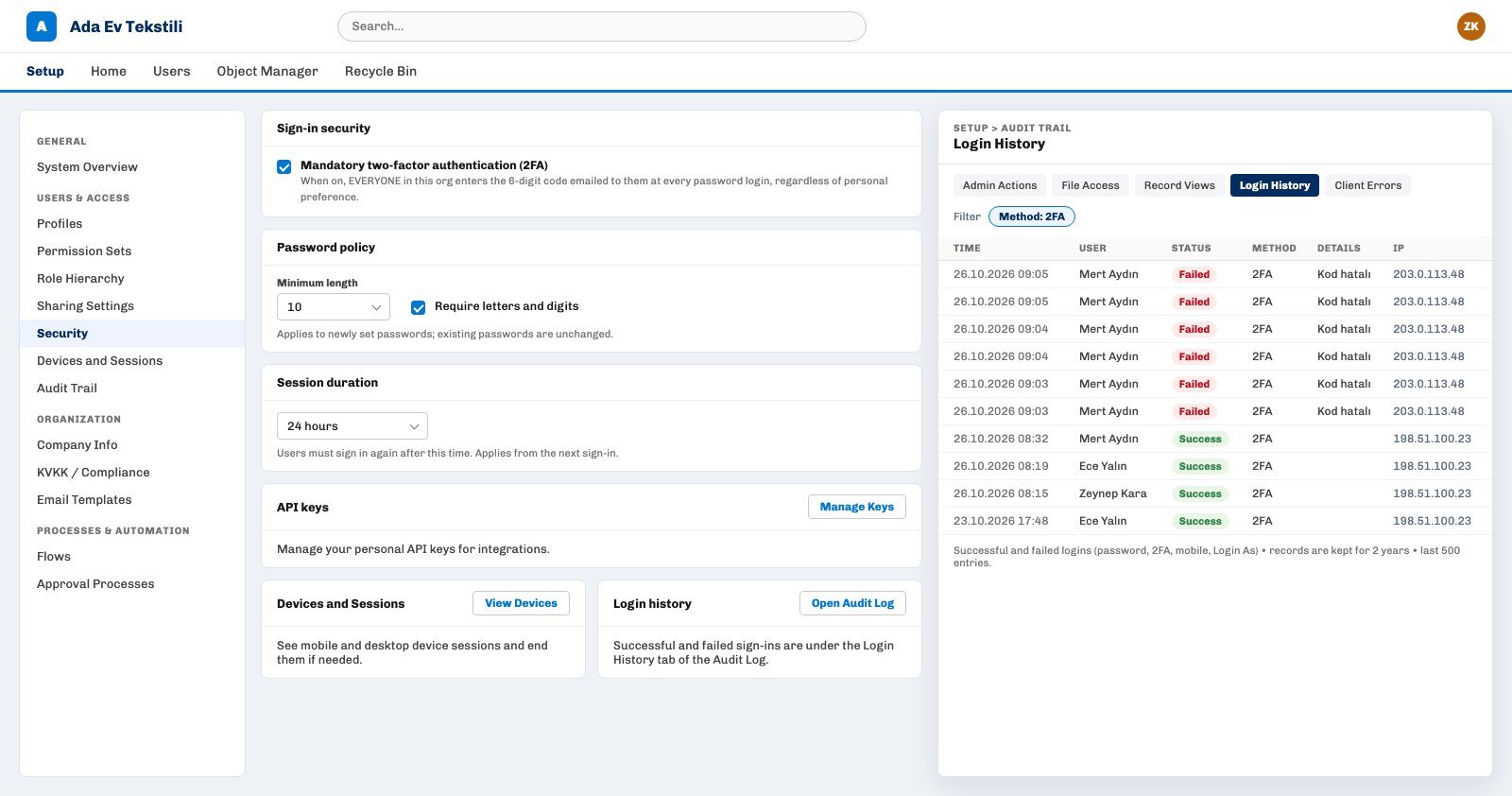 Ohana360 Setup Security page with mandatory two-factor authentication on, a 10 character password policy, 24 hour sessions and Login History
