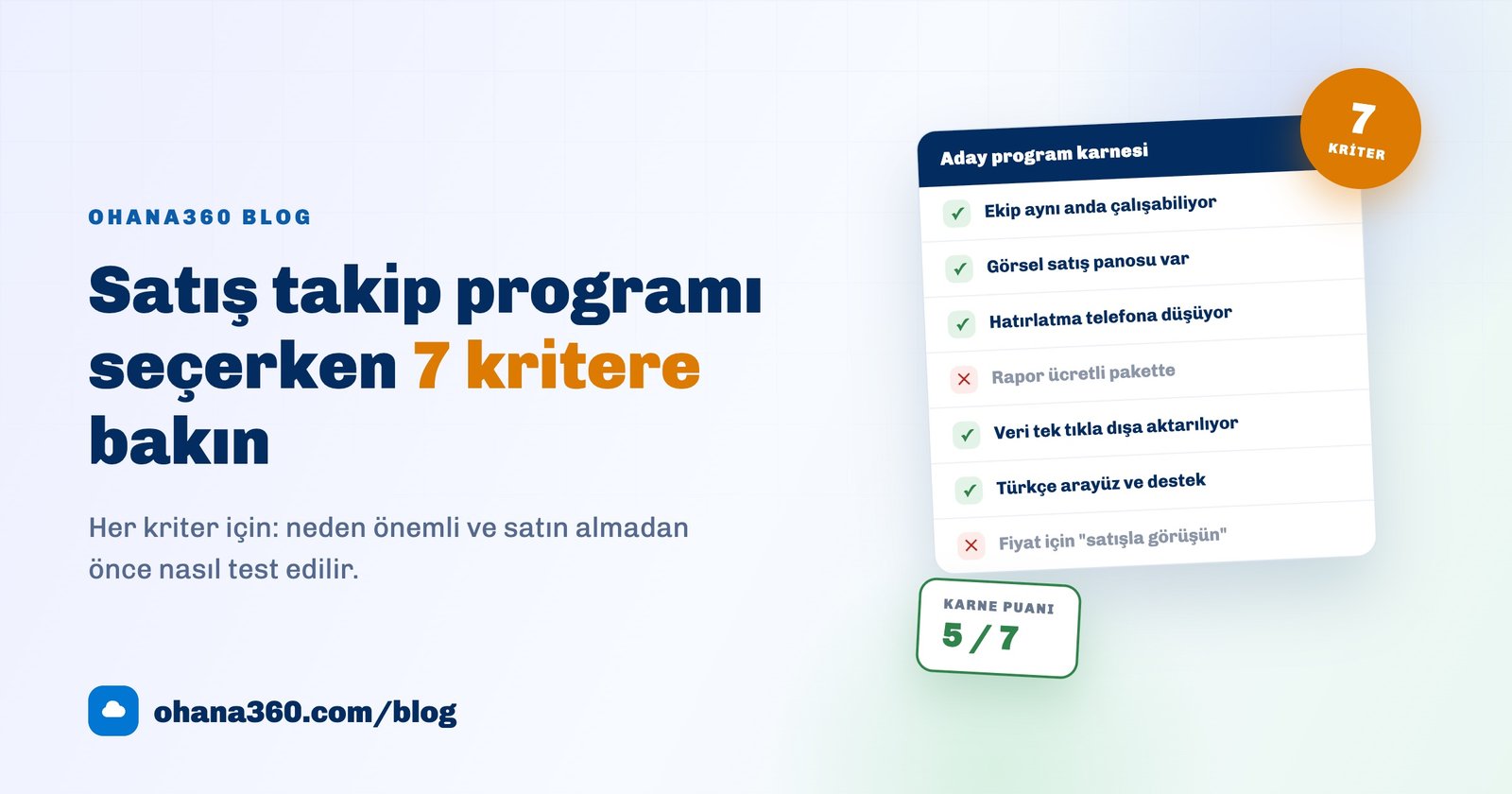 Satış takip programı adaylarının yedi kriter üzerinden puanlandığı bir karne kartı illüstrasyonu